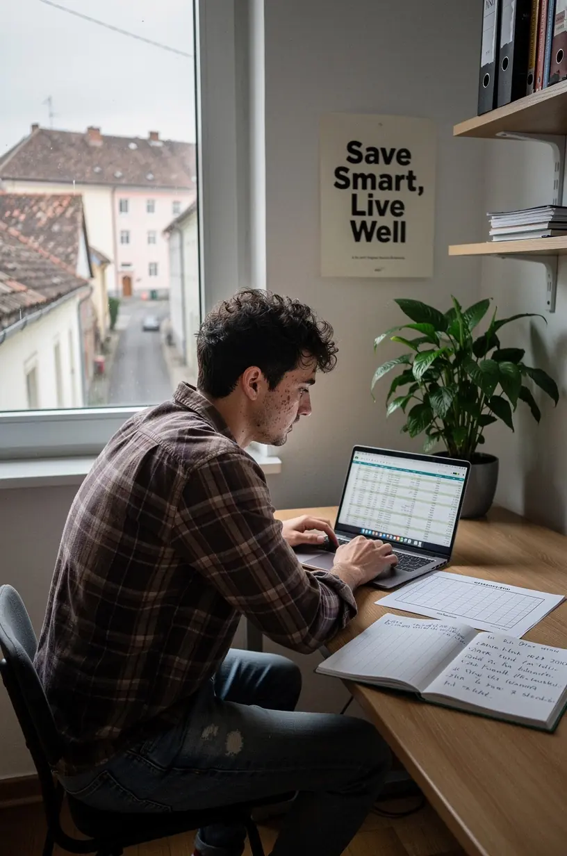 Nyugodt otthoni környezet, ahol valaki strukturált pénzügyi olvasmánylistát tanulmányoz.