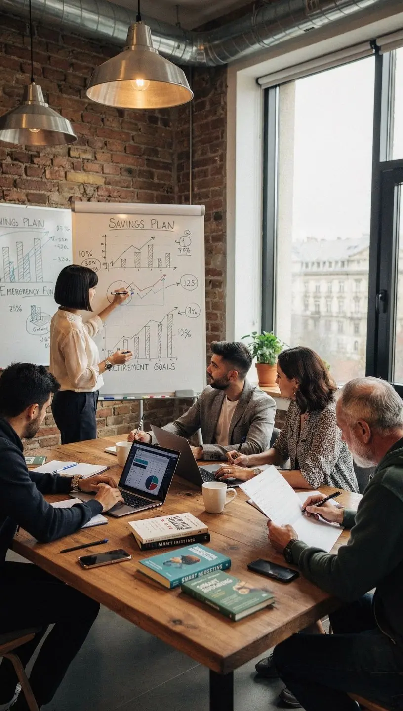 Könyvek és jegyzetfüzetek egy rendezett olvasósarokban, pénzügyi témájú tartalmakkal.